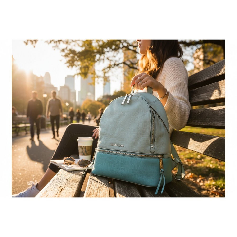 Michael Kors Rhea Zip Backpack Women Blue Pebbled Leather Colorblock Medium